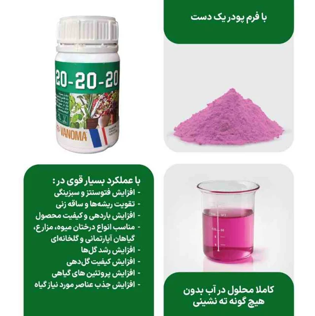 مشخصات کود کامل وانوما مدل 20-20-20 NPK وزن 100 گرم